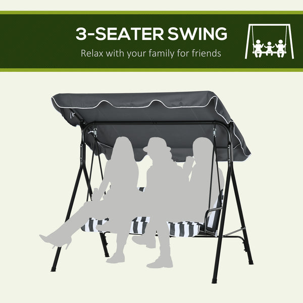 Outsunny 3-Seat Outdoor Patio Swing Chair with Removable Cushion, Steel Frame Stand and Adjustable Tilt Canopy for Patio, Garden, Poolside, Balcony, Backyard, Gray & White