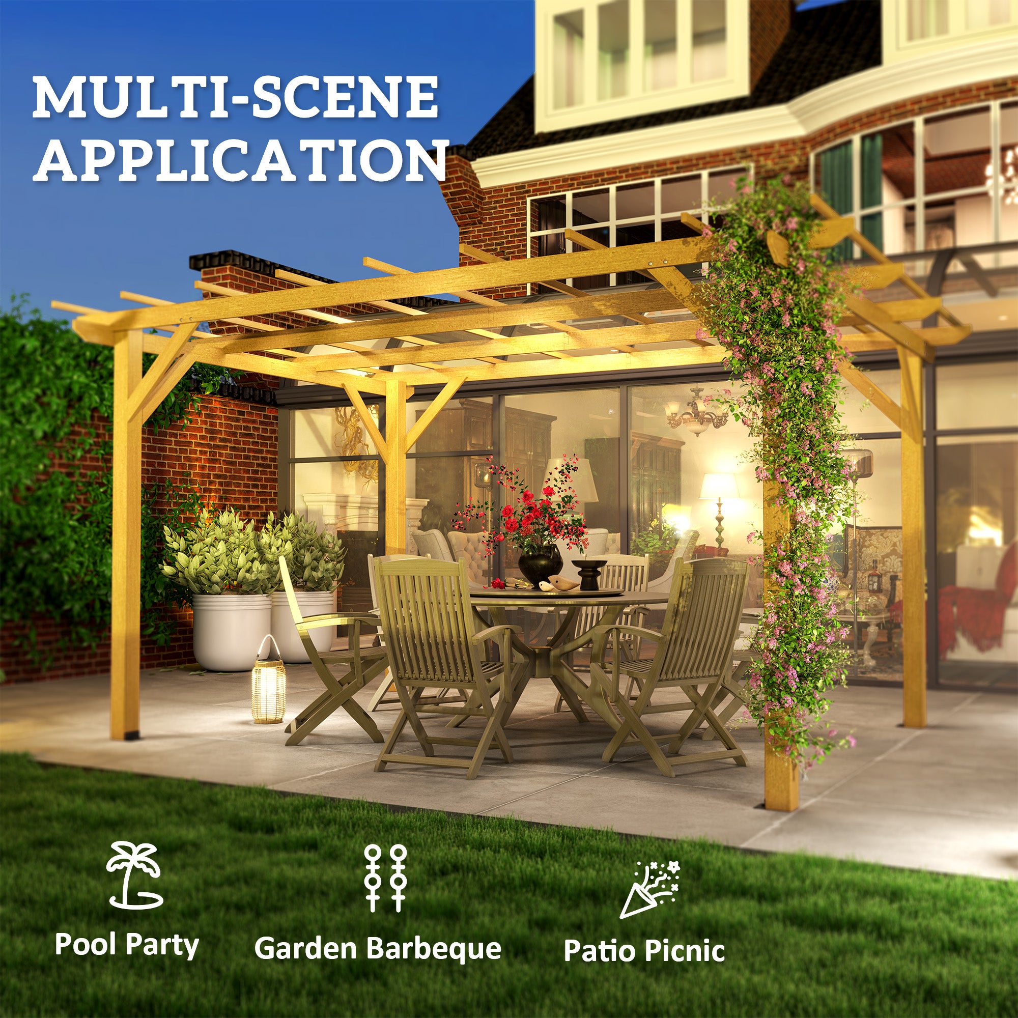 wood trellis awning Outsunny 10' x 13' Wood Pergola with Concrete Anchors for Climbing Plants, Nature Wood
