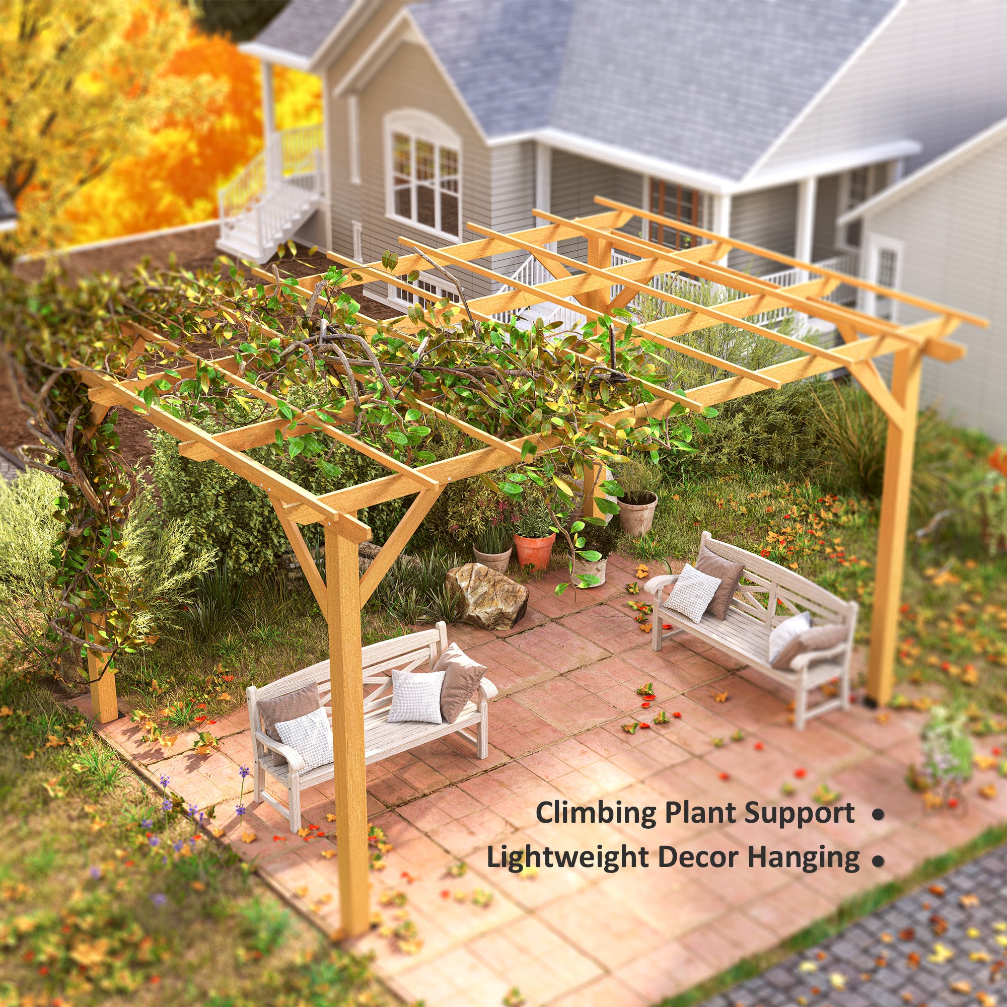 pergola for hanging plants Outsunny 10' x 13' Wood Pergola with Concrete Anchors for Climbing Plants, Nature Wood