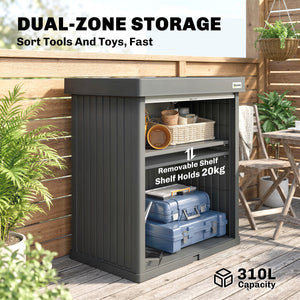82 Gallon Outdoor Storage Box, Plastic Deck Box with Roll up Door and Removable Shelf, Splash-Resistant & UV Resistant Garden Storage Container for Patio, Porch, Grey