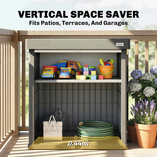 82 Gallon Outdoor Storage Box, Plastic Deck Box with Roll up Door and Removable Shelf, Splash-Resistant & UV Resistant Garden Storage Container for Patio, Porch, Grey