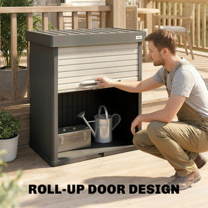 82 Gallon Outdoor Storage Box, Plastic Deck Box with Roll up Door and Removable Shelf, Splash-Resistant & UV Resistant Garden Storage Container for Patio, Porch, Grey