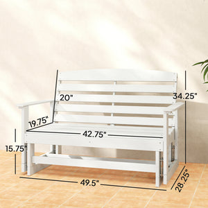 2-Person Outdoor Glider Bench Patio Double Swing Rocking Chair Loveseat w/ Slatted HDPE Frame for Backyard Garden Porch, Distressed White