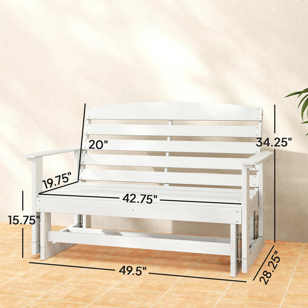 2-Person Outdoor Glider Bench Patio Double Swing Rocking Chair Loveseat w/ Slatted HDPE Frame for Backyard Garden Porch, Distressed White