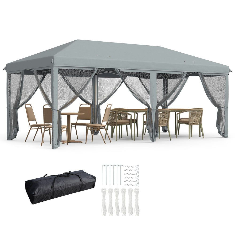 3 x 6m Pop Up Gazebo, Outdoor Canopy Shelter, Marquee Party Wedding Tent with 6 Mesh Walls and Carry Bag, Grey