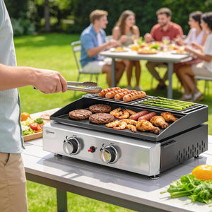 2 Burner Grill Griddle, Portable Gas Plancha with Warming Rack, 5 kW, Tabletop Gas BBQ with Grease Cup for Camping Picnic Patios, Black