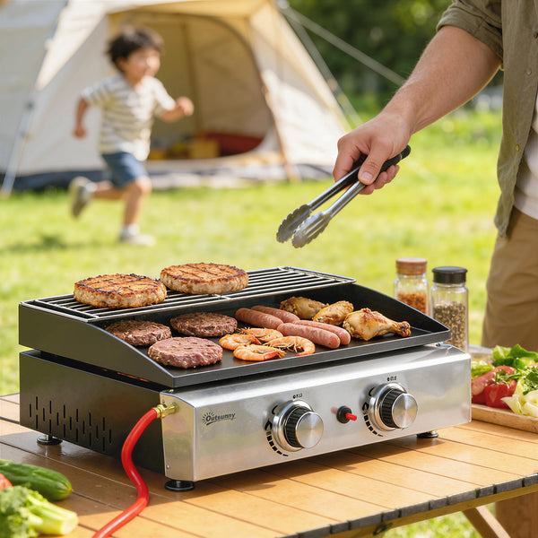 2 Burner Grill Griddle, Portable Gas Plancha with Warming Rack, 5 kW, Tabletop Gas BBQ with Grease Cup for Camping Picnic Patios, Black