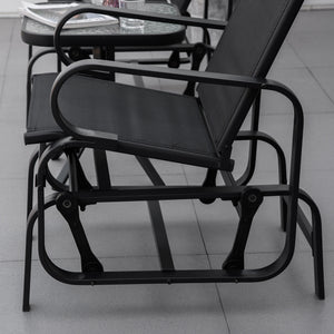 3 Pieces Garden Gliding Chair Set, Metal Frame 2 Single Armchair Swing Seater and 1 Glass Top Coffee Table w/ Breath Mesh Fabric Seat, Black