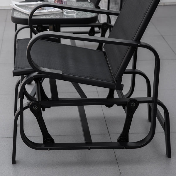 3 Pieces Garden Gliding Chair Set, Metal Frame 2 Single Armchair Swing Seater and 1 Glass Top Coffee Table w/ Breath Mesh Fabric Seat, Black