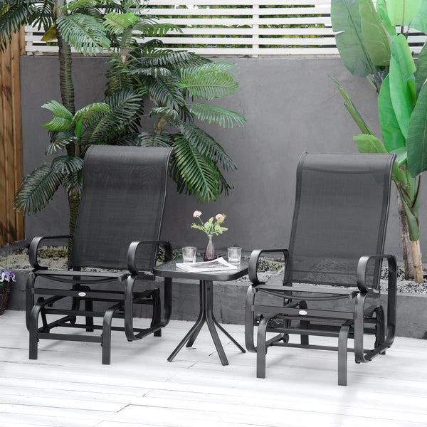 3 Pieces Garden Gliding Chair Set, Metal Frame 2 Single Armchair Swing Seater and 1 Glass Top Coffee Table w/ Breath Mesh Fabric Seat, Black
