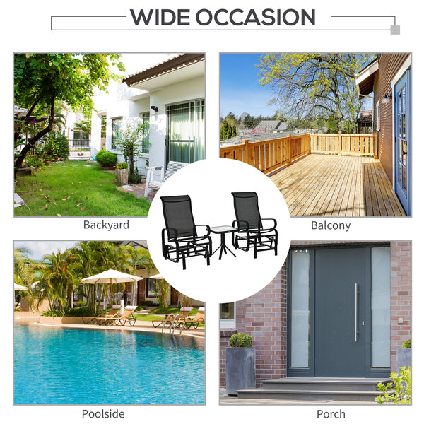 3 Pieces Garden Gliding Chair Set, Metal Frame 2 Single Armchair Swing Seater and 1 Glass Top Coffee Table w/ Breath Mesh Fabric Seat, Black