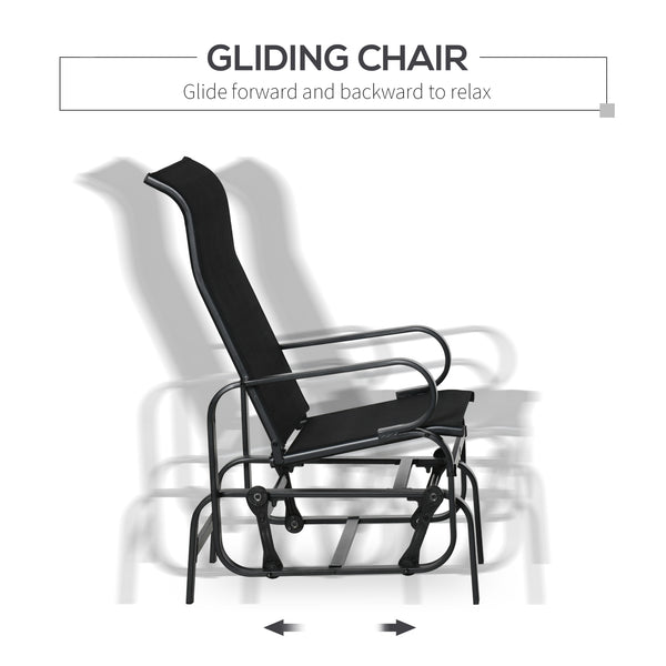 3 Pieces Garden Gliding Chair Set, Metal Frame 2 Single Armchair Swing Seater and 1 Glass Top Coffee Table w/ Breath Mesh Fabric Seat, Black