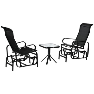 3 Pieces Garden Gliding Chair Set, Metal Frame 2 Single Armchair Swing Seater and 1 Glass Top Coffee Table w/ Breath Mesh Fabric Seat, Black