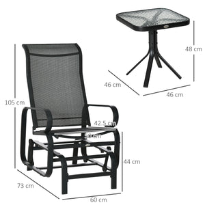 3 Pieces Garden Gliding Chair Set, Metal Frame 2 Single Armchair Swing Seater and 1 Glass Top Coffee Table w/ Breath Mesh Fabric Seat, Black