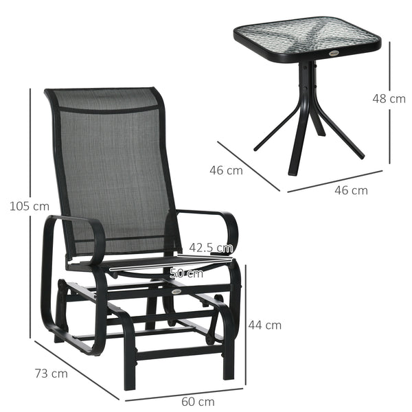 3 Pieces Garden Gliding Chair Set, Metal Frame 2 Single Armchair Swing Seater and 1 Glass Top Coffee Table w/ Breath Mesh Fabric Seat, Black