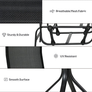 3 Pieces Garden Gliding Chair Set, Metal Frame 2 Single Armchair Swing Seater and 1 Glass Top Coffee Table w/ Breath Mesh Fabric Seat, Black