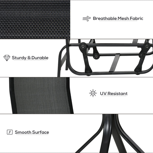 3 Pieces Garden Gliding Chair Set, Metal Frame 2 Single Armchair Swing Seater and 1 Glass Top Coffee Table w/ Breath Mesh Fabric Seat, Black