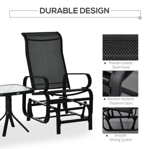 3 Pieces Garden Gliding Chair Set, Metal Frame 2 Single Armchair Swing Seater and 1 Glass Top Coffee Table w/ Breath Mesh Fabric Seat, Black