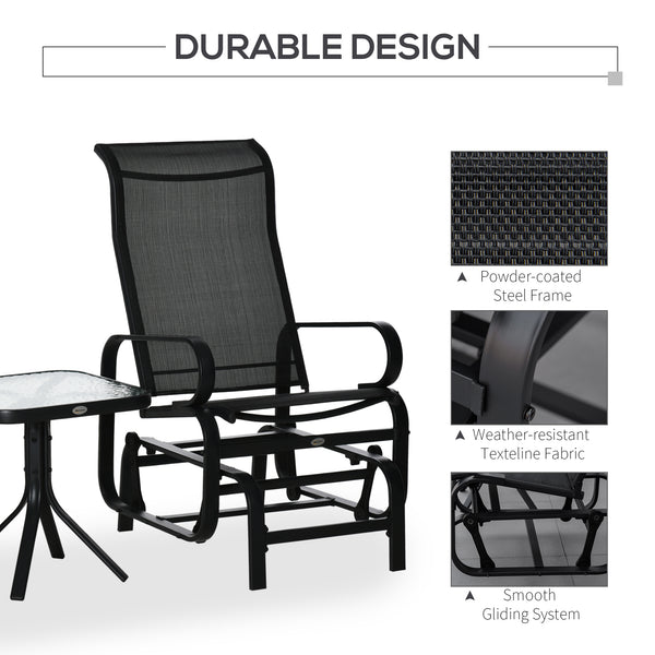 3 Pieces Garden Gliding Chair Set, Metal Frame 2 Single Armchair Swing Seater and 1 Glass Top Coffee Table w/ Breath Mesh Fabric Seat, Black