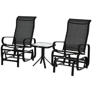 3 Pieces Garden Gliding Chair Set, Metal Frame 2 Single Armchair Swing Seater and 1 Glass Top Coffee Table w/ Breath Mesh Fabric Seat, Black