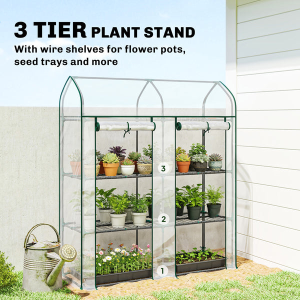 3 Tier Mini Greenhouse, 56.3" x 18.1" x 65" Small Portable Greenhouse with 2 Roll-up Doors, Garden Plant Growhouse with PVC Cover for Indoor Outdoor, Clear
