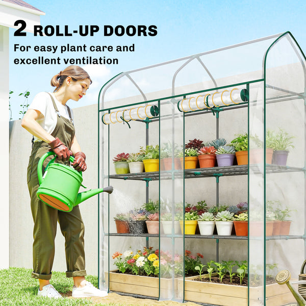 3 Tier Mini Greenhouse, 56.3" x 18.1" x 65" Small Portable Greenhouse with 2 Roll-up Doors, Garden Plant Growhouse with PVC Cover for Indoor Outdoor, Clear