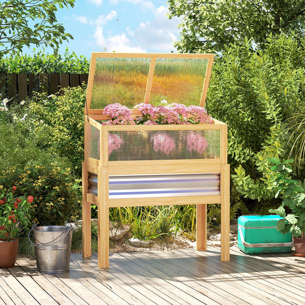 Wooden Raised Garden Bed with Detachable Greenhouse Top, Raised Garden Bed with Legs and Bed Liner, Elevated Planter Box for Flowers, Vegetables, Herbs, Natural