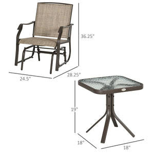 3 Piece Outdoor Glider Chair with Coffee Table Bistro Set, 2 Patio Rocking Swing Chairs with Breathable Sling Fabric, Glass Tabletop, for Backyard, Garden and Porch, Mixed Brown