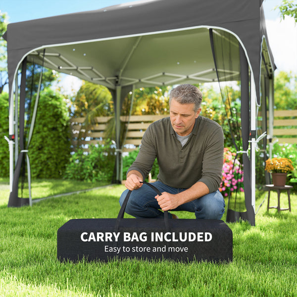 10 x 10 ft Pop Up Canopy Tent with Mosquito Netting, UPF 50+ Central Lock Easy Setup Outdoor Party Tent Instant Canopy with 4 Sandbags, Carry Bag, Dark Grey