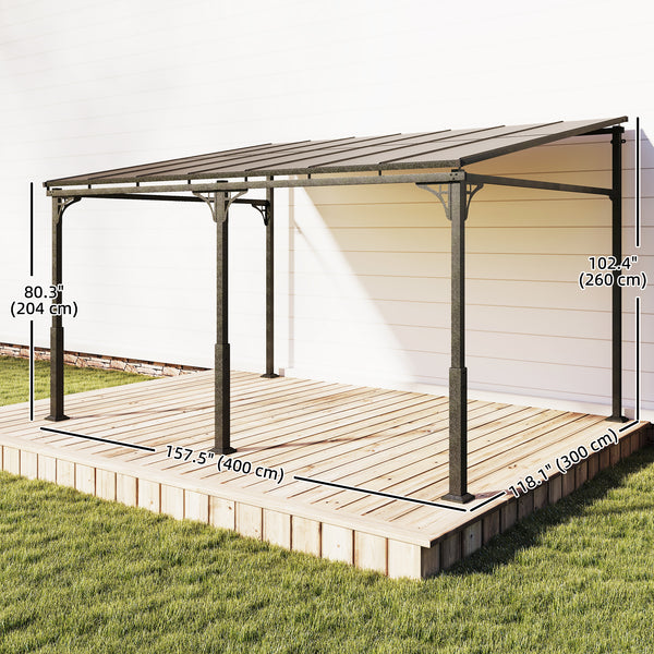 13' x 10' Lean to Gazebo, Hardtop Wall Mounted Outdoor Pergola with Polycarbonate Roof and Metal-Aluminium Frame, Heavy Duty Metal Pergola for Patio Deck Backyard, Brown