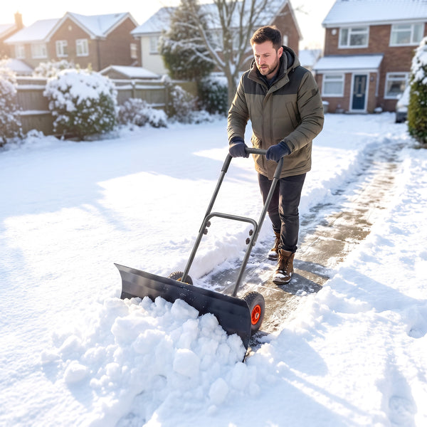 Snow Shovel with Wheels, 29" x 16.5" Heavy Duty Metal Snow Pusher with 5-Level Adjustable Handle, 5-Angle Blade and Non-Slip Grip, for Driveway, Sidewalks, Garden, Deck, Black