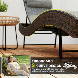 Rattan Sun Lounger, 5 Position Adjustable Garden Lounger Recliner with S Shaped Texteline Seat and Headrest, Reclining Outdoor Sunbed with Metal Frame for Patio, Terrace, Brown
