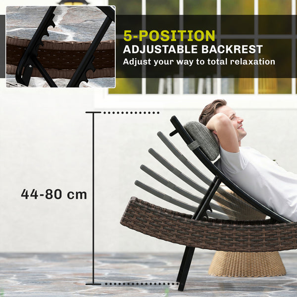 Rattan Sun Lounger, 5 Position Adjustable Garden Lounger Recliner with S Shaped Texteline Seat and Headrest, Reclining Outdoor Sunbed with Metal Frame for Patio, Terrace, Brown