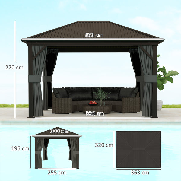 3 x 3.6m Outdoor Hardtop Gazebo Metal Roof Patio Gazebo with Aluminium Frame, Mesh Nettings, Curtains, & Roomy Interior Space, Dark Grey