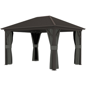 3 x 3.6m Outdoor Hardtop Gazebo Metal Roof Patio Gazebo with Aluminium Frame, Mesh Nettings, Curtains, & Roomy Interior Space, Dark Grey