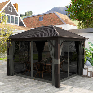 3 x 3.6m Outdoor Hardtop Gazebo Metal Roof Patio Gazebo with Aluminium Frame, Mesh Nettings, Curtains, & Roomy Interior Space, Dark Grey