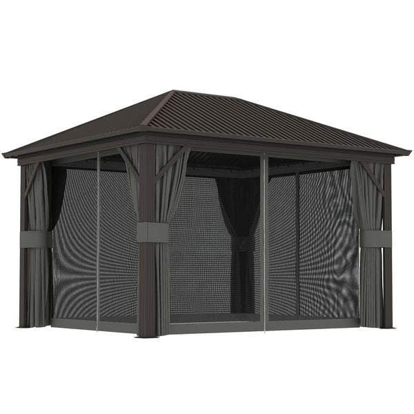 3 x 3.6m Outdoor Hardtop Gazebo Metal Roof Patio Gazebo with Aluminium Frame, Mesh Nettings, Curtains, & Roomy Interior Space, Dark Grey