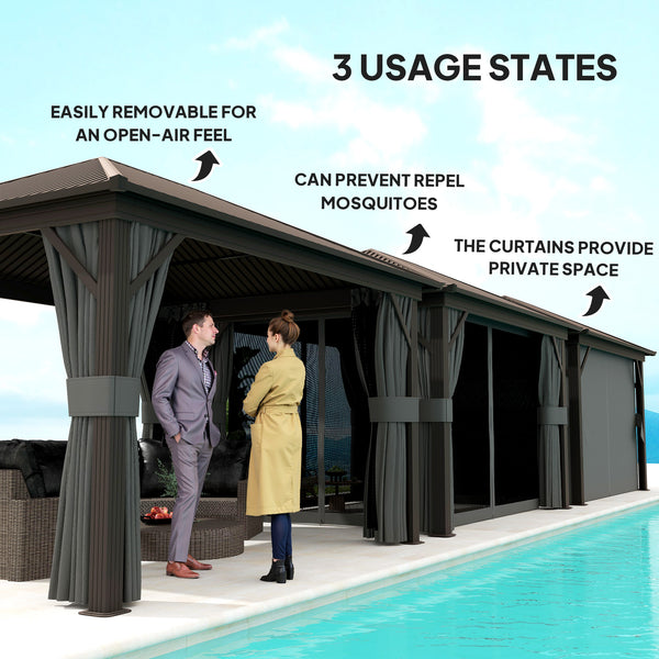 3 x 3.6m Outdoor Hardtop Gazebo Metal Roof Patio Gazebo with Aluminium Frame, Mesh Nettings, Curtains, & Roomy Interior Space, Dark Grey