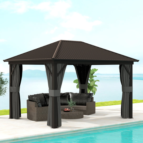 3 x 3.6m Outdoor Hardtop Gazebo Metal Roof Patio Gazebo with Aluminium Frame, Mesh Nettings, Curtains, & Roomy Interior Space, Dark Grey