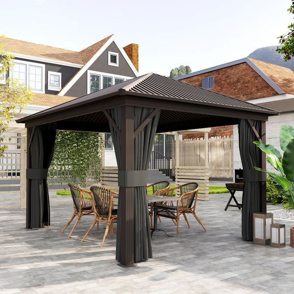 3 x 3.6m Outdoor Hardtop Gazebo Metal Roof Patio Gazebo with Aluminium Frame, Mesh Nettings, Curtains, & Roomy Interior Space, Dark Grey