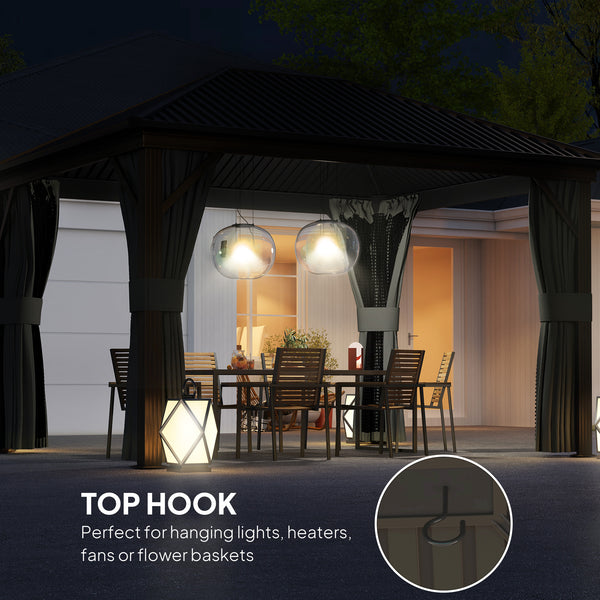 3 x 3.6m Outdoor Hardtop Gazebo Metal Roof Patio Gazebo with Aluminium Frame, Mesh Nettings, Curtains, & Roomy Interior Space, Dark Grey