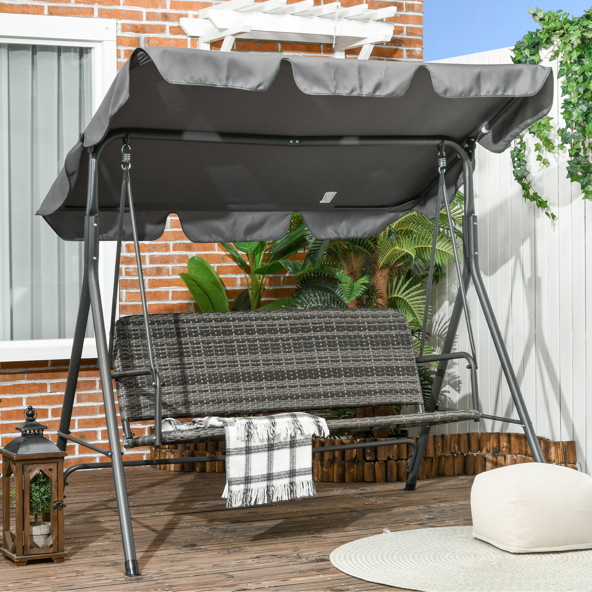 3-Seater Outdoor PE Rattan Swing Chair, Patio Wicker Hanging Swing