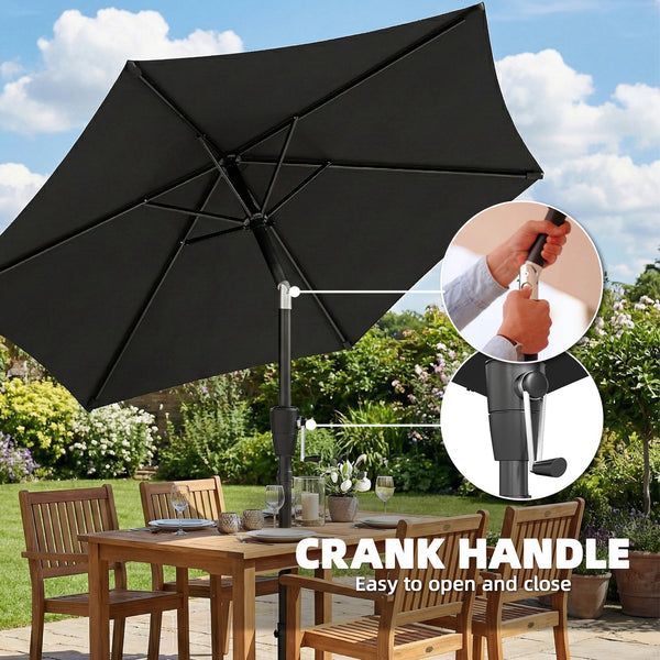 2m Garden Parasol Umbrella, Outdoor Table Parasol Umbrella with Crank Handle, Tilt Function, UV30+ Protection, Sun Shade Canopy for Patio, Beach, Black