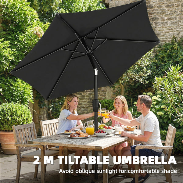 2m Garden Parasol Umbrella, Outdoor Table Parasol Umbrella with Crank Handle, Tilt Function, UV30+ Protection, Sun Shade Canopy for Patio, Beach, Black