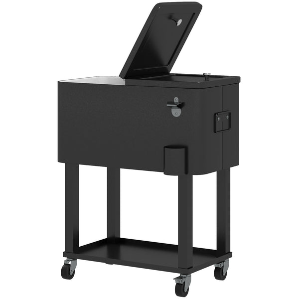 60 Quart Rolling Patio Cooler Cart, Portable Outdoor Cooler with Locking Wheels, Storage Shelf, Steel Bottle Opener, Ice Chest for Patio Backyard Party BBQ, Black
