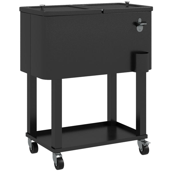 60 Quart Rolling Patio Cooler Cart, Portable Outdoor Cooler with Locking Wheels, Storage Shelf, Steel Bottle Opener, Ice Chest for Patio Backyard Party BBQ, Black