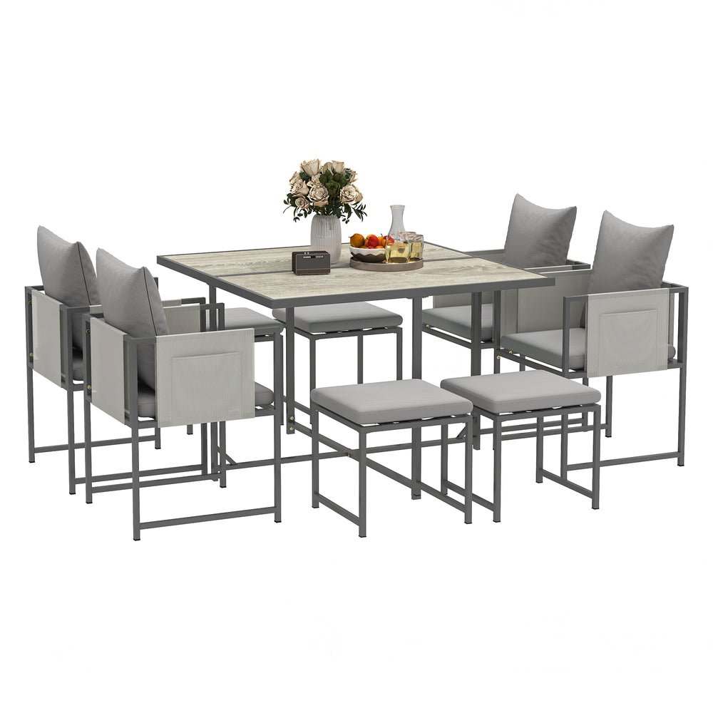 9 Piece Garden Dining Set, Cube Outdoor Garden Furniture Set with Cushions, 8 Seater Garden Table and Chairs with 4 Stools, Square PSPC Plastic Top Table, Side Pockets for Conservatory, Grey