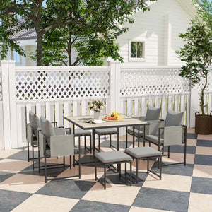 9 Piece Garden Dining Set, Cube Outdoor Garden Furniture Set with Cushions, 8 Seater Garden Table and Chairs with 4 Stools, Square PSPC Plastic Top Table, Side Pockets for Conservatory, Grey