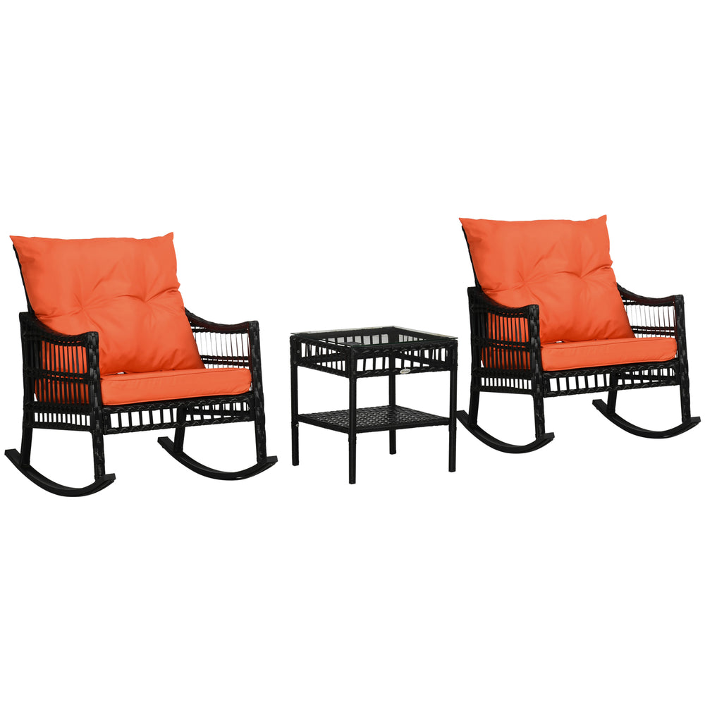 3 Pieces Outdoor PE Rattan Rocking Chair Set, Patio Wicker Rocker Chair Bistro set with Padded Cushions and Storage, for Garden Backyard Porch, Orange