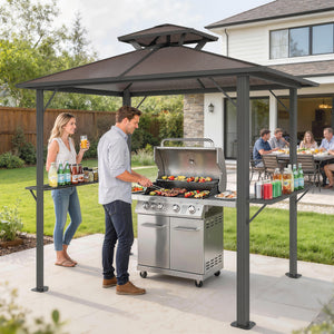 2.5 x 1.5 m Hardtop BBQ Grill Gazebo with Double Polycarbonate Roof, Aluminium Outdoor BBQ Gazebo Shelter Grill Canopy with 2 Side Shelves for Garden Patio, Brown